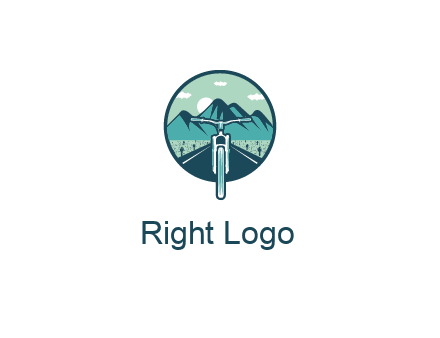travel logo with bike leaving behind a road and mountains