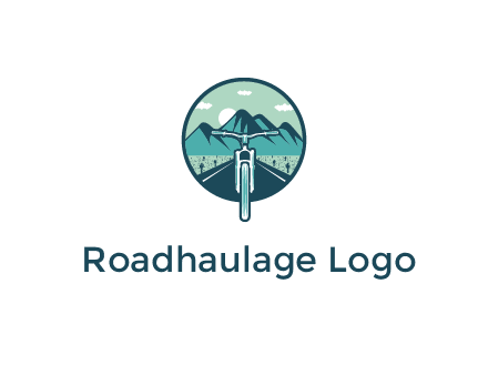 travel logo with bike leaving behind a road and mountains