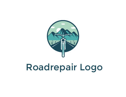 travel logo with bike leaving behind a road and mountains