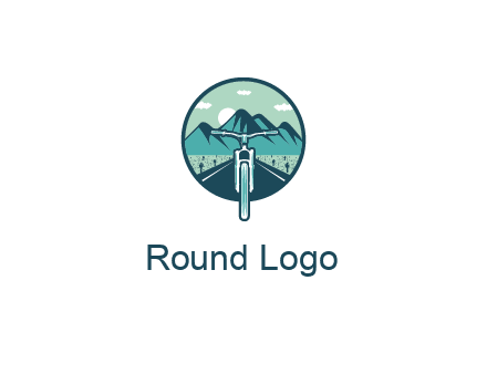 travel logo with bike leaving behind a road and mountains
