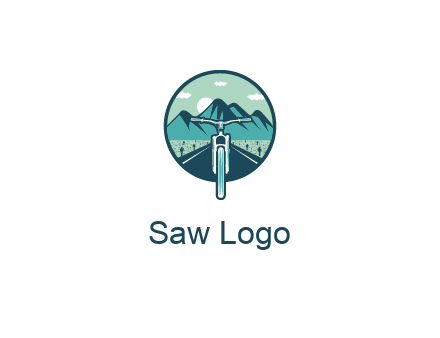 travel logo with bike leaving behind a road and mountains