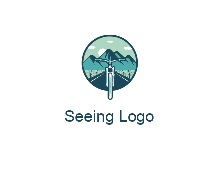 travel logo with bike leaving behind a road and mountains