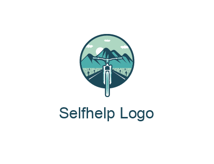 travel logo with bike leaving behind a road and mountains