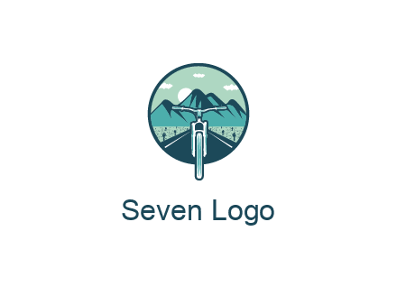 travel logo with bike leaving behind a road and mountains