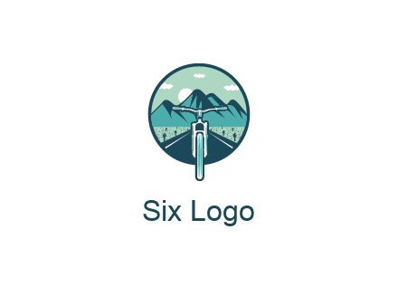 travel logo with bike leaving behind a road and mountains