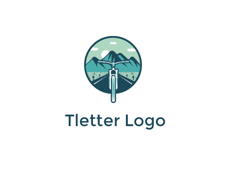 travel logo with bike leaving behind a road and mountains