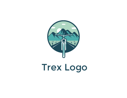 travel logo with bike leaving behind a road and mountains