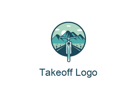 travel logo with bike leaving behind a road and mountains
