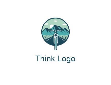 travel logo with bike leaving behind a road and mountains