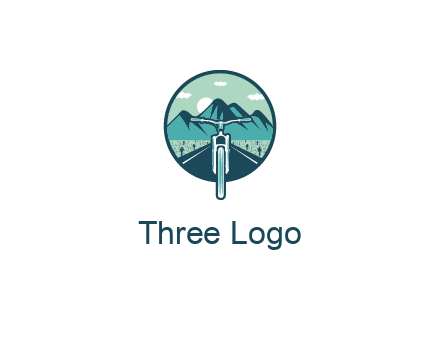 travel logo with bike leaving behind a road and mountains