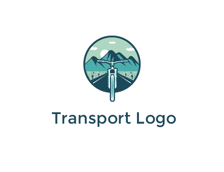 travel logo with bike leaving behind a road and mountains