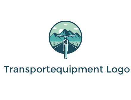 travel logo with bike leaving behind a road and mountains