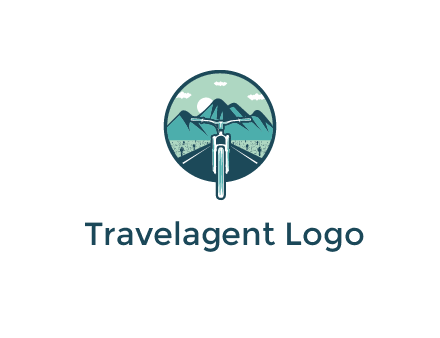 travel logo with bike leaving behind a road and mountains