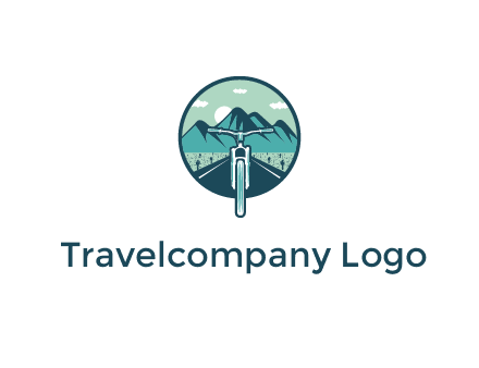 travel logo with bike leaving behind a road and mountains