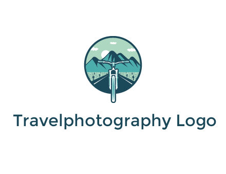 travel logo with bike leaving behind a road and mountains