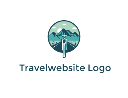 travel logo with bike leaving behind a road and mountains