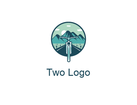travel logo with bike leaving behind a road and mountains