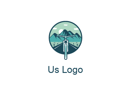 travel logo with bike leaving behind a road and mountains