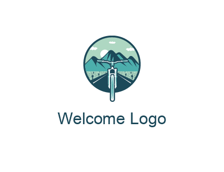 travel logo with bike leaving behind a road and mountains