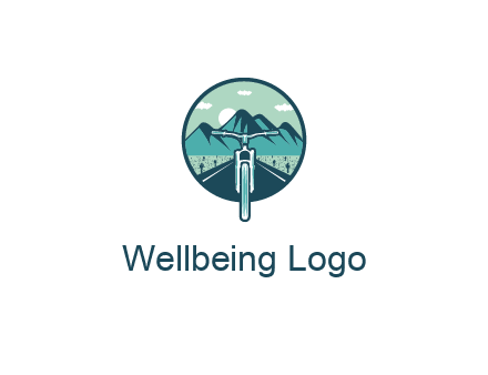 travel logo with bike leaving behind a road and mountains