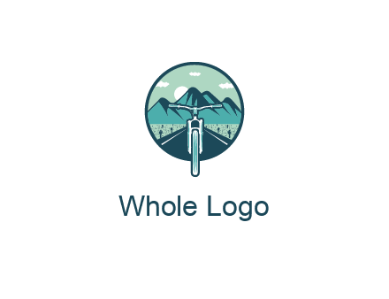 travel logo with bike leaving behind a road and mountains