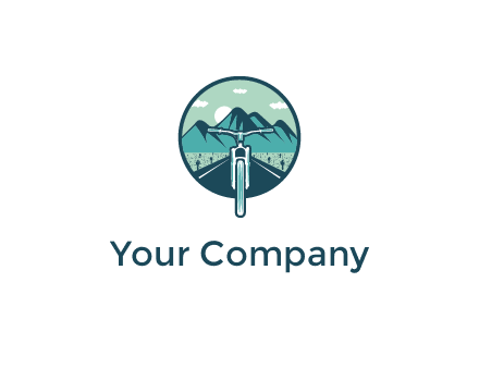 travel logo with bike leaving behind a road and mountains