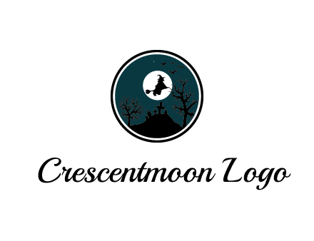 witch flying on broom over a creepy cemetery during a full moon