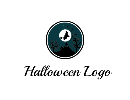 witch flying on broom over a creepy cemetery during a full moon