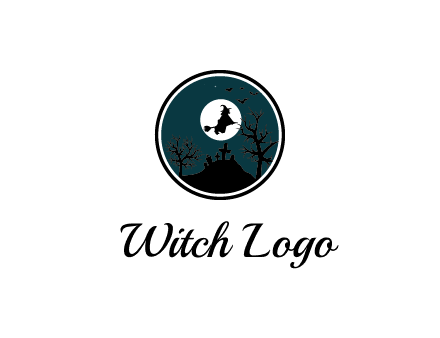 witch flying on broom over a creepy cemetery during a full moon