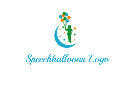 child holding balloons while floating over moon and stars