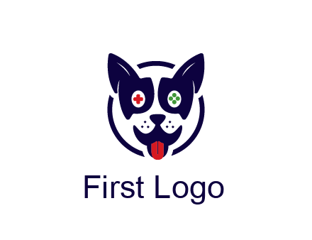 dog logo with gaming controls in eyes