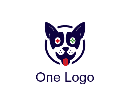 dog logo with gaming controls in eyes