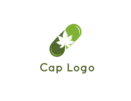 pharmaceutical logo with herbal drops forming a pill with a marijuana leaf in the center