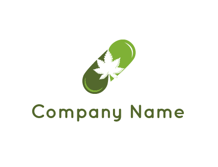 pharmaceutical logo with herbal drops forming a pill with a marijuana leaf in the center