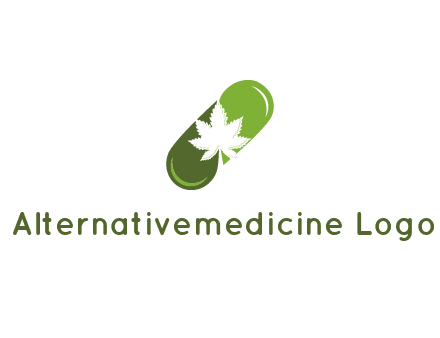 pharmaceutical logo with herbal drops forming a pill with a marijuana leaf in the center