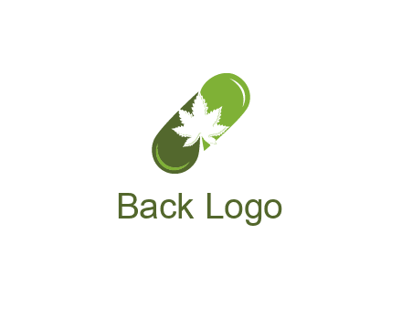 pharmaceutical logo with herbal drops forming a pill with a marijuana leaf in the center