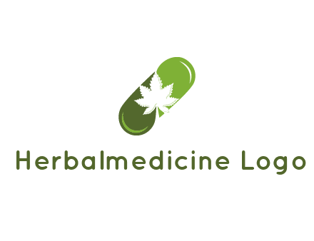 pharmaceutical logo with herbal drops forming a pill with a marijuana leaf in the center