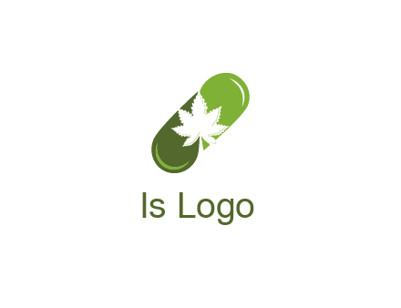 pharmaceutical logo with herbal drops forming a pill with a marijuana leaf in the center
