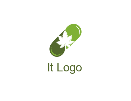 pharmaceutical logo with herbal drops forming a pill with a marijuana leaf in the center