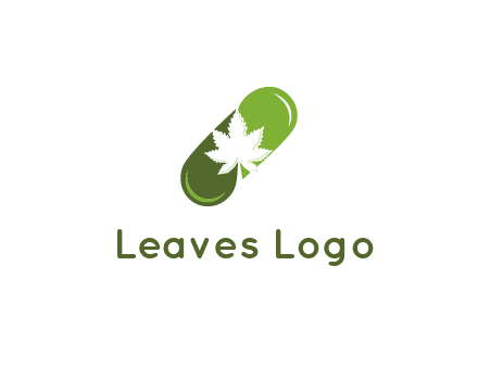 pharmaceutical logo with herbal drops forming a pill with a marijuana leaf in the center