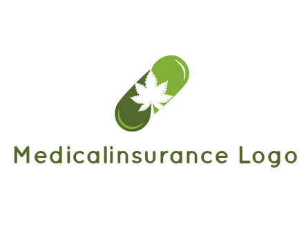 pharmaceutical logo with herbal drops forming a pill with a marijuana leaf in the center