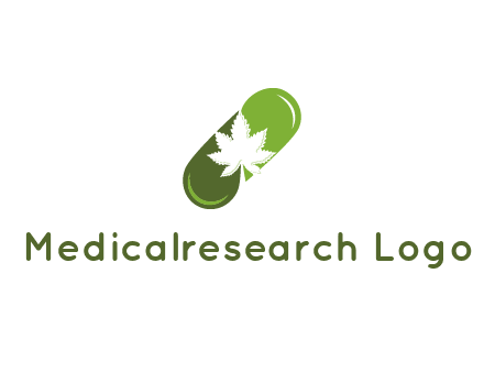 pharmaceutical logo with herbal drops forming a pill with a marijuana leaf in the center