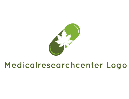 pharmaceutical logo with herbal drops forming a pill with a marijuana leaf in the center