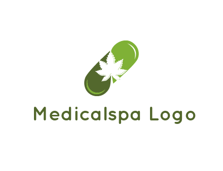 pharmaceutical logo with herbal drops forming a pill with a marijuana leaf in the center