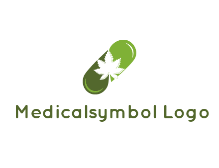 pharmaceutical logo with herbal drops forming a pill with a marijuana leaf in the center