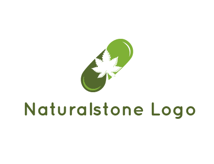 pharmaceutical logo with herbal drops forming a pill with a marijuana leaf in the center