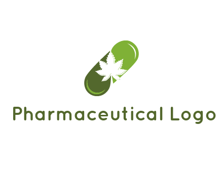 pharmaceutical logo with herbal drops forming a pill with a marijuana leaf in the center