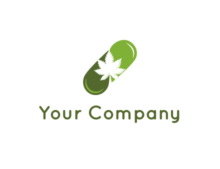 pharmaceutical logo with herbal drops forming a pill with a marijuana leaf in the center