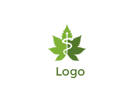 Rod of Asclepius inside marijuana leaf for a medicine logo