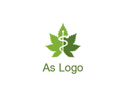 Rod of Asclepius inside marijuana leaf for a medicine logo